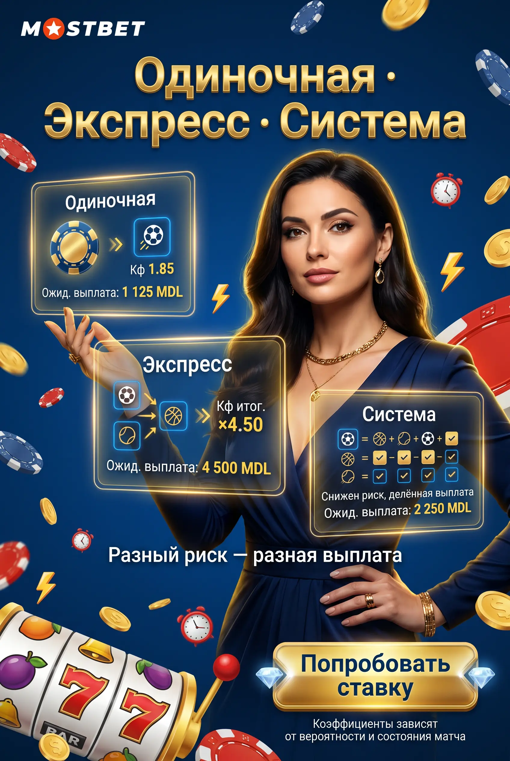 Коэффициенты и виды пари Mostbet