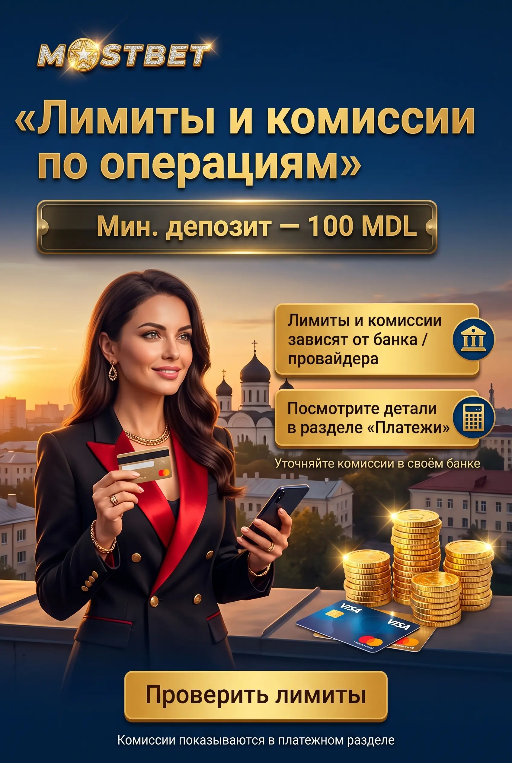 Лимиты и комиссии по операциям Mostbet